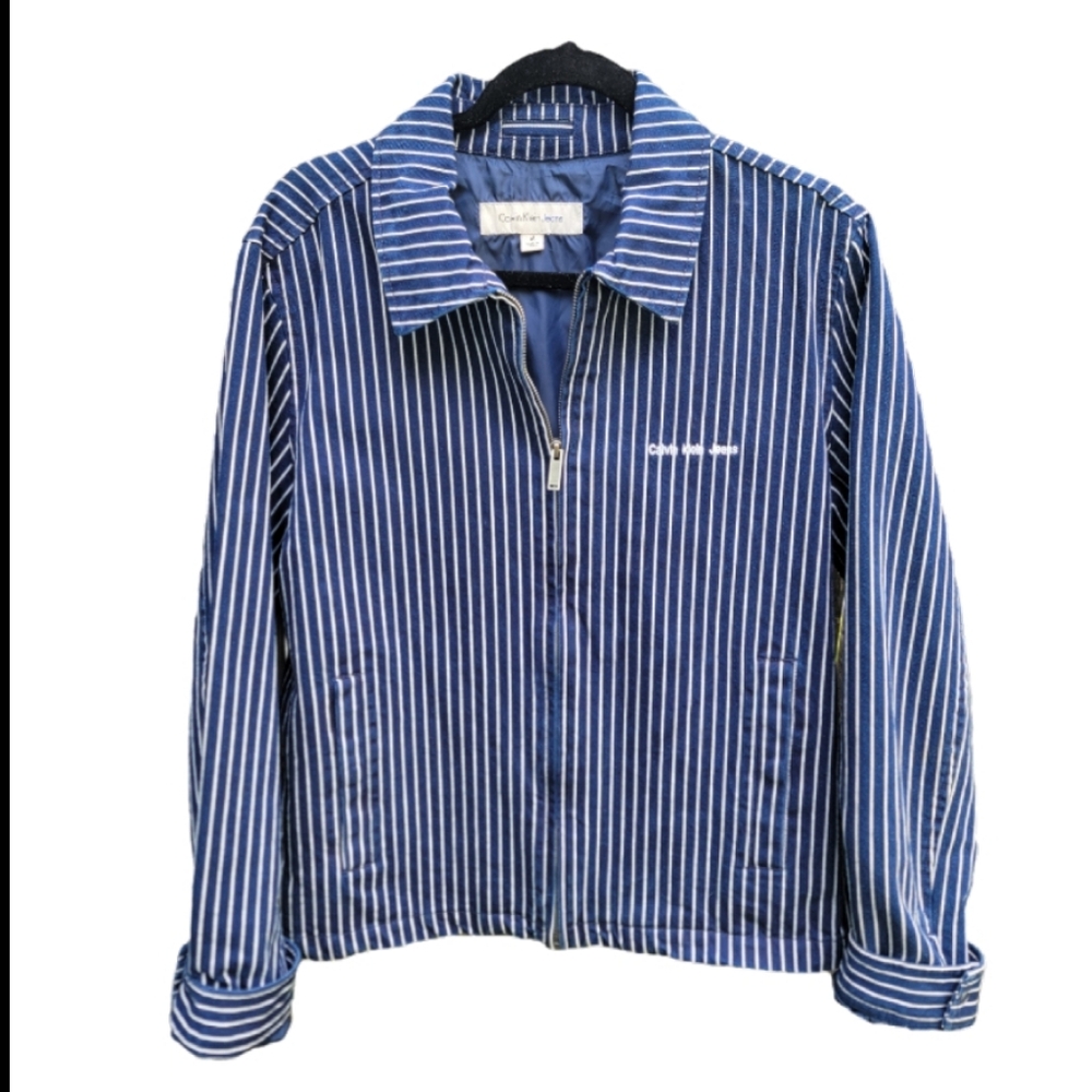 Trucker Jacket Calvin Klein Navy & White Striped Collared Medium Unisex Utility - Picture 3 of 16
